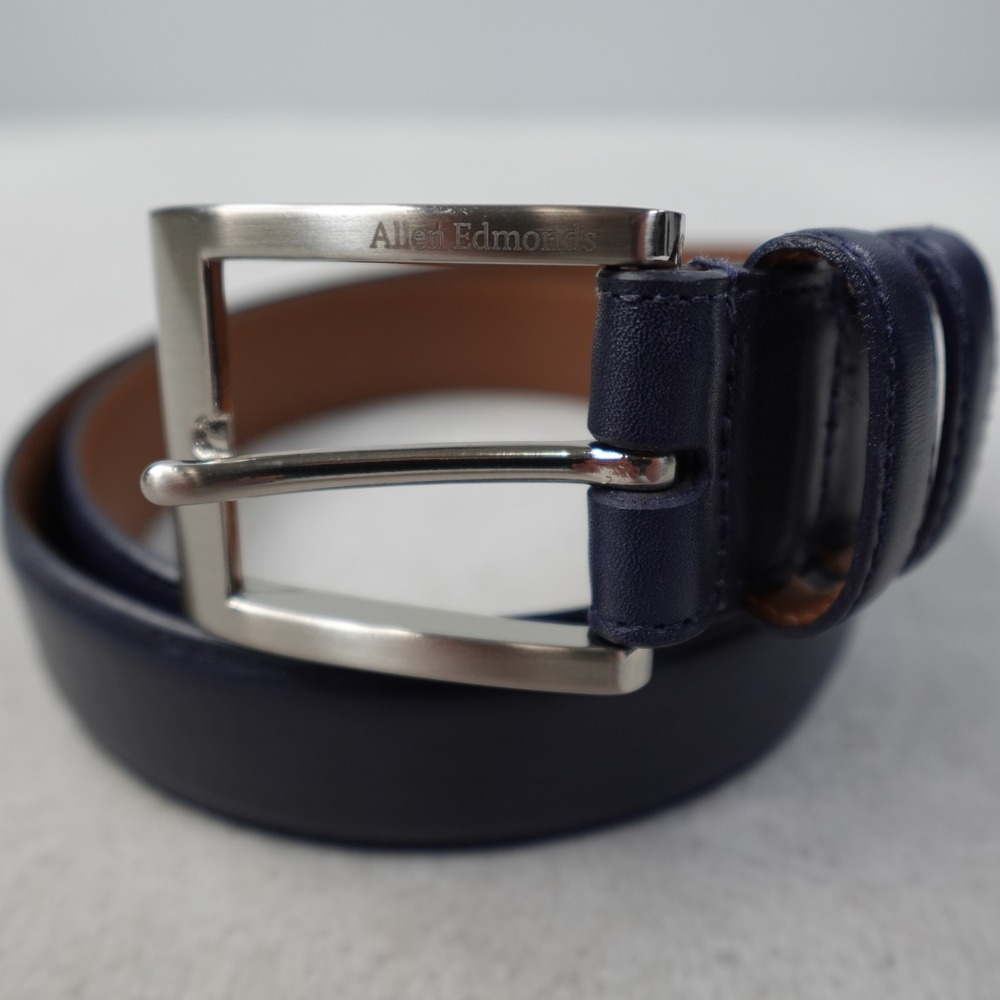 Allen Edmonds Leather Belt Mens 36 Blue Silver Buckle Designer USA 39514